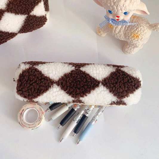 Chessboard Plaid Plush Pen Purse - ShopHaul