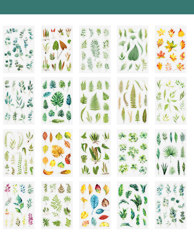Collection of plant-themed stickers with a green border and 'Nature Wandering' book visible.