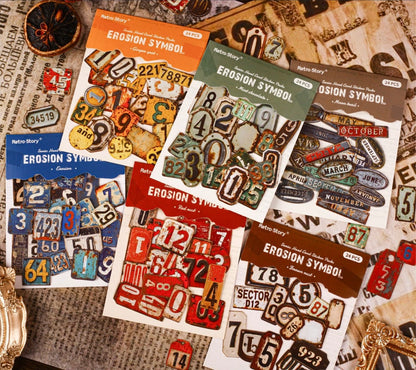 Retro Erosion Rustic Stickers (Numbers, Alphabets, Months)